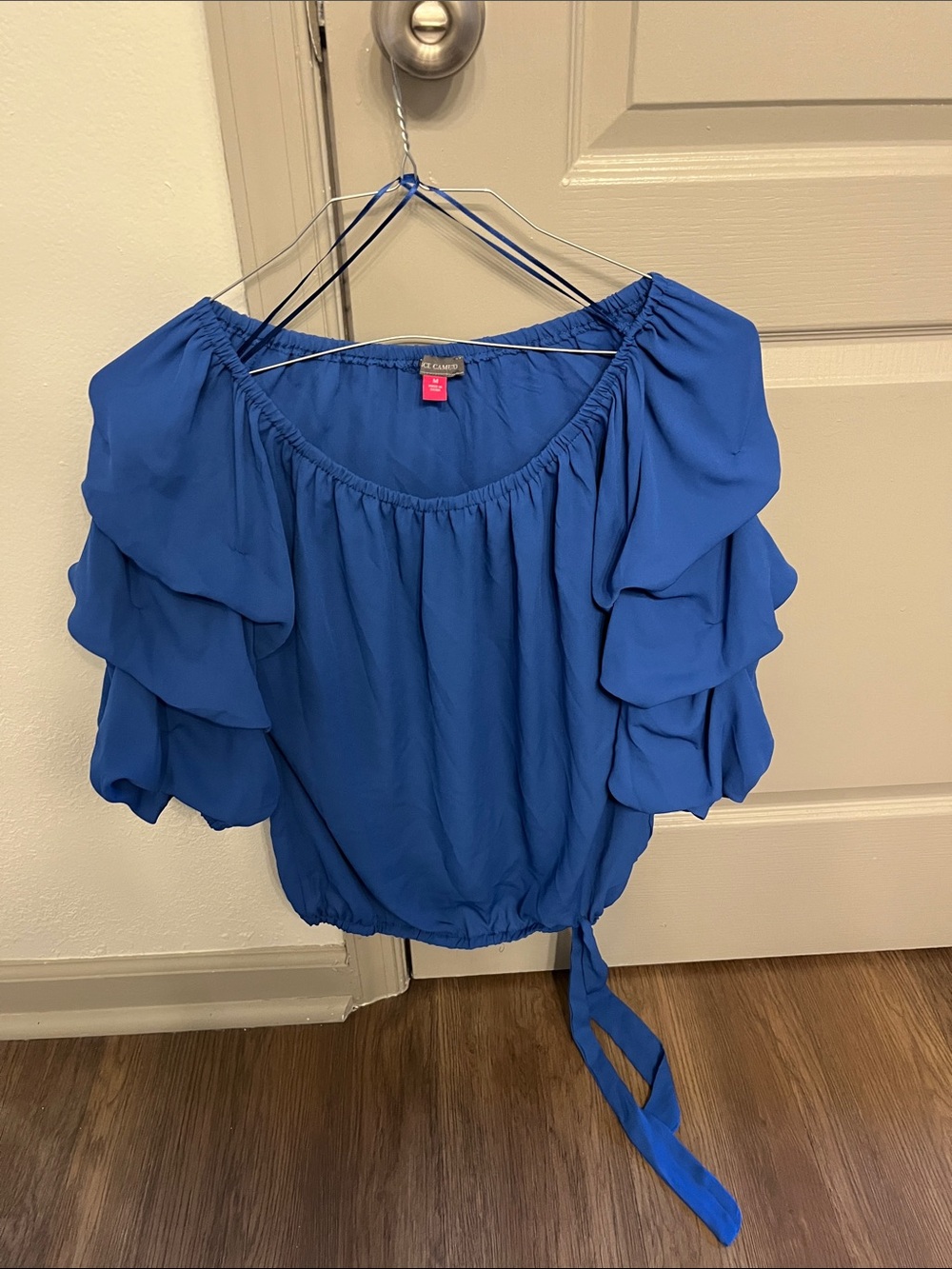 Vince Camuto Cobalt Blue Off-Shoulder Ruffle Sleeve Blouse with Tie Hem
